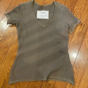 Women's Taupe Brown V-Neck Top - waffle
weave short sleeves